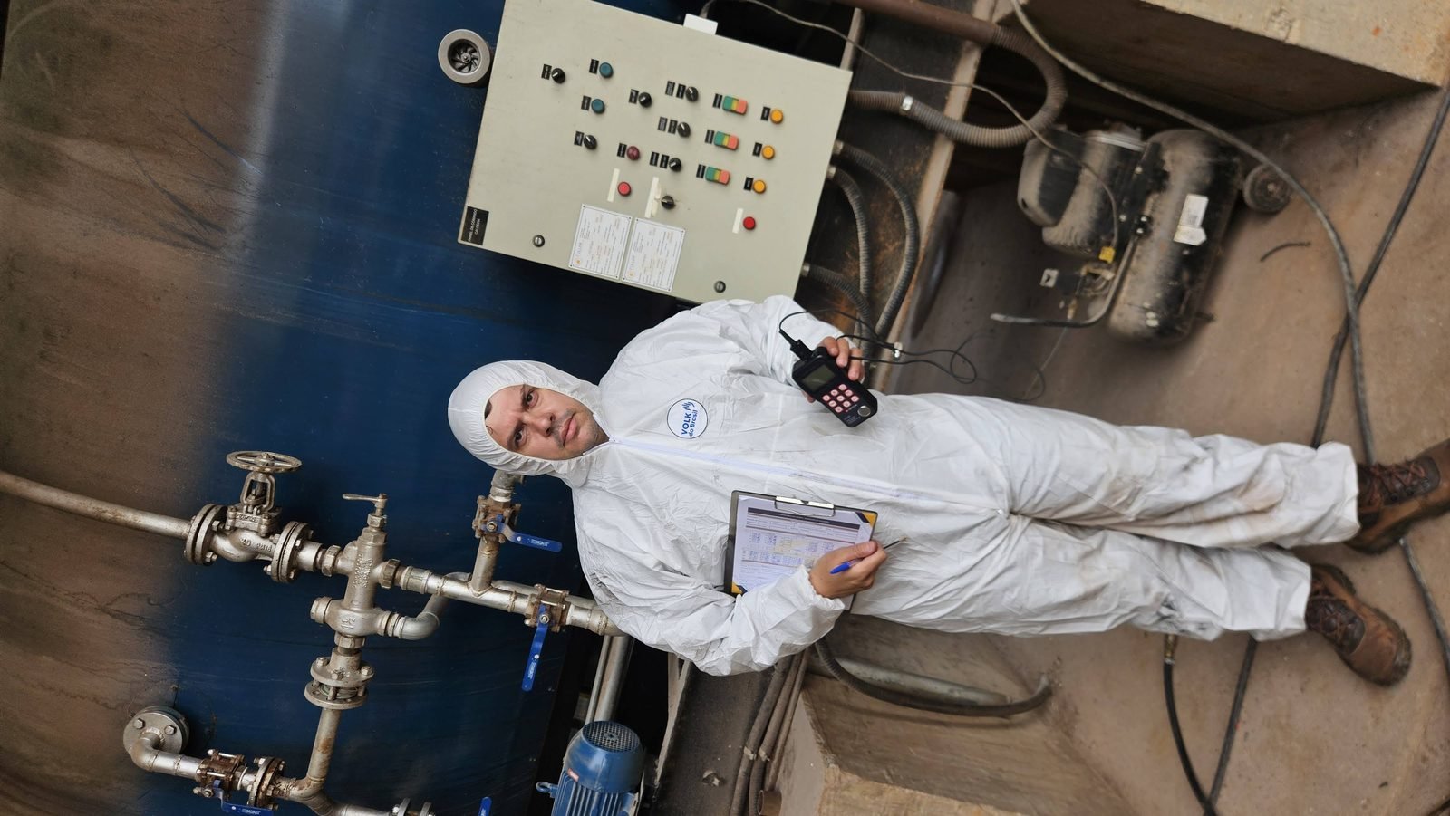 Engenheiro da Sework Engenharia com EPI completo e medidor de espessura durante inspeção de caldeira industrial
