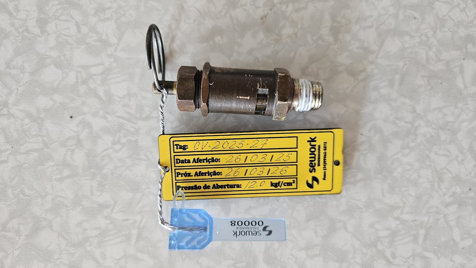 Válvula de segurança de vaso de pressão desmontada, testada e identificada com tag de aferição e lacre numerado da Sework Engenharia
