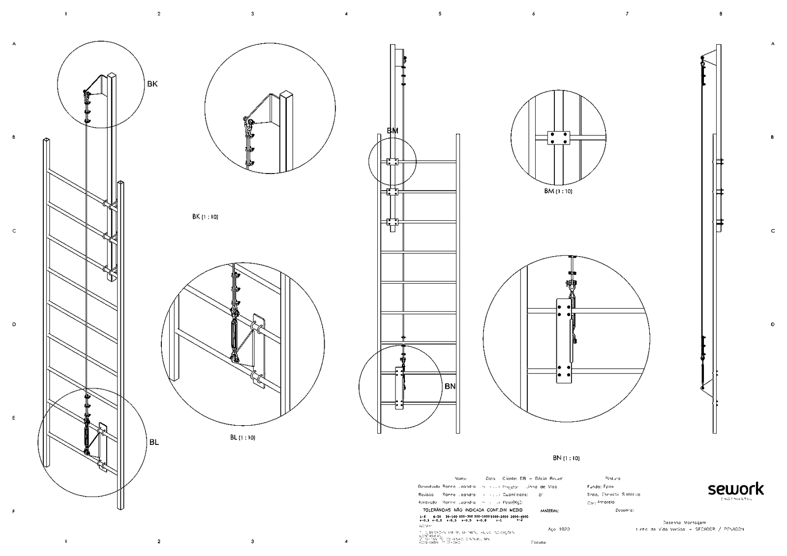 Prancha de montagem de linha de vida vertical para escada marinheiro, com detalhes da ancoragem superior, do tensionador inferior, das guias intermediárias e do trava-quedas deslizante